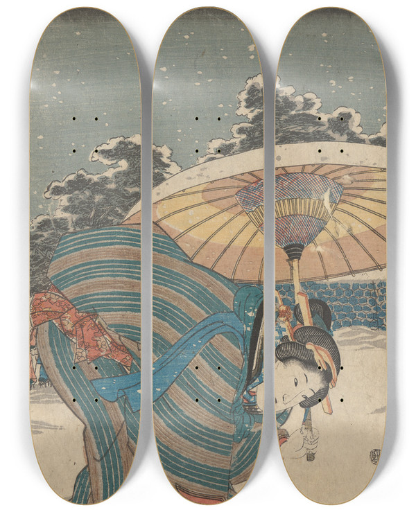 Triptych art skateboard deck of Utagawa Kunisada Toyokuni Iii Snow Scene Woman Bending To Adjust Shoe by Utagawa Kunisada (Toyokuni III) (1786-1865)