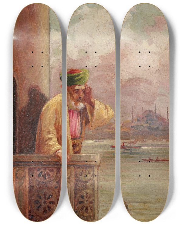 Triptych art skateboard deck of Halid Naci Prayer In Cihangir With The Hagia Sofia In The Distance by Halid Naci (1875-1927)