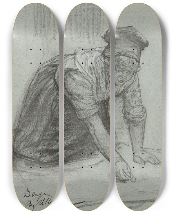 Triptych art skateboard deck of August Alleb Vrouw Op Haar Knien Bezig Met Schoonmaken by August Allebe (1838-1927)