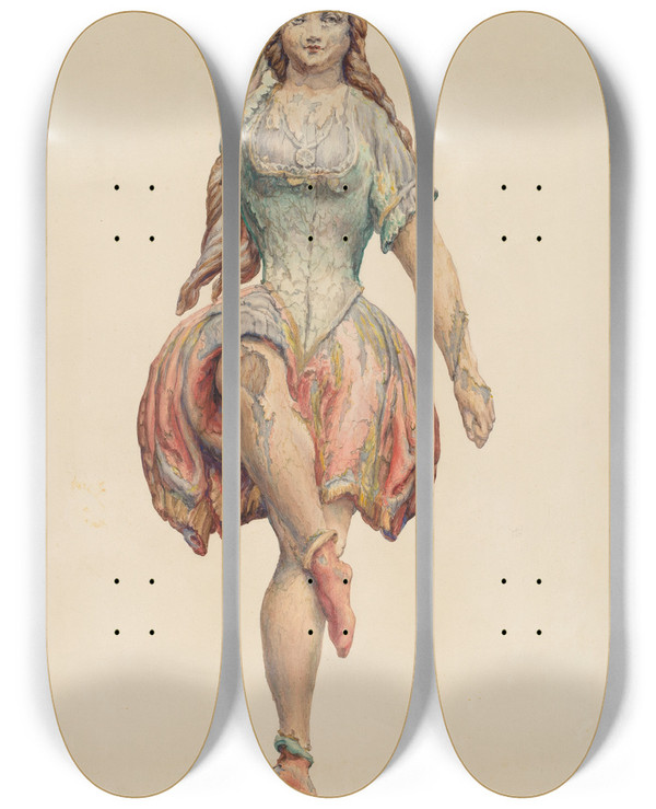 Triptych art skateboard deck of Katharine Merrill Dancing Girl From Sparks Carousel Wagon by Katharine Merrill