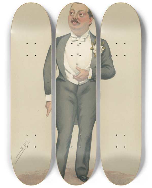 Triptych art skateboard deck of Leslie Matthew Ward Politicians Alick The Hon Alexander Grantham Yorke 20 August 1881 by Leslie Matthew Ward (1851-1922)