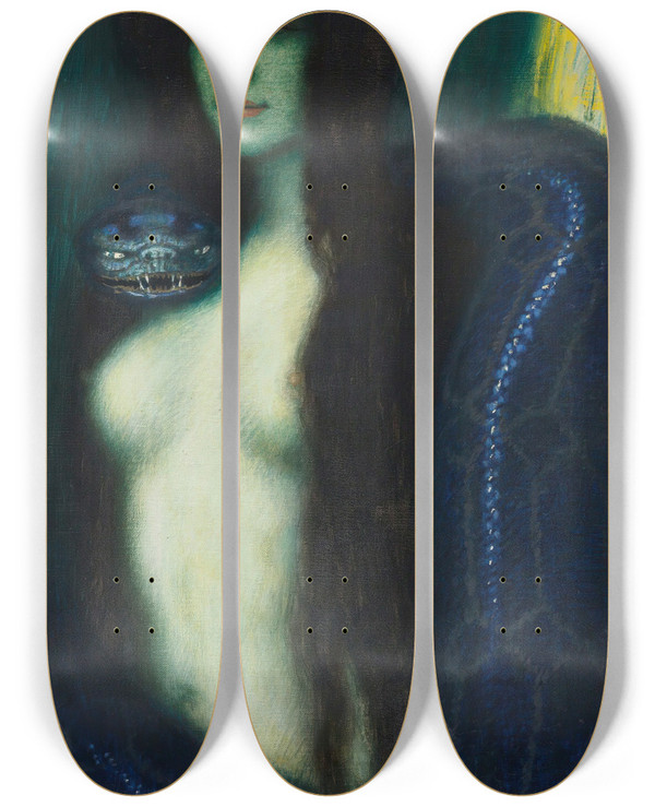 Triptych art skateboard deck of Franz Von Stuck Die Snde The Sin by Franz Von Stuck (1863-1928)