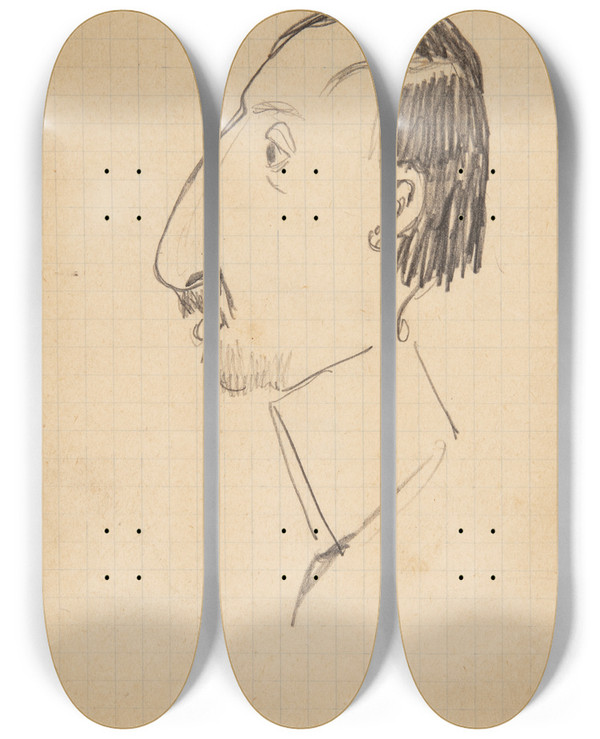 Triptych art skateboard deck of Robert Storm Petersen Karikatur Af Karl Isakson Profil Mod Venstre by Robert Storm Petersen (1882-1949)