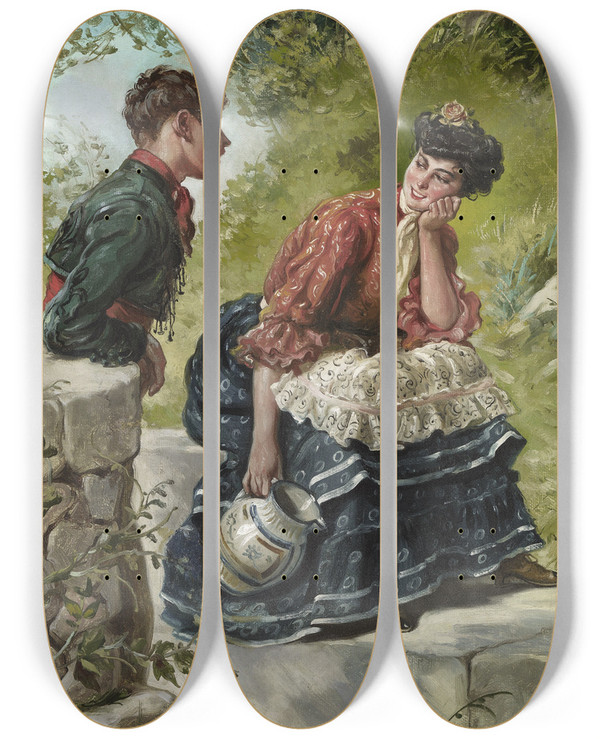 Triptych art skateboard deck of Eduardo Snchez Sol Courting Couple At The Fountain by Eduardo Sanchez Sola (1869-1949)