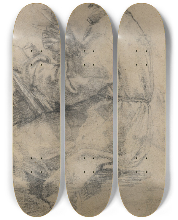 Triptych art skateboard deck of Bernardino Poccetti Seated Male Figure With The Head Of An Onlooker by Bernardino Poccetti (1548-1612)