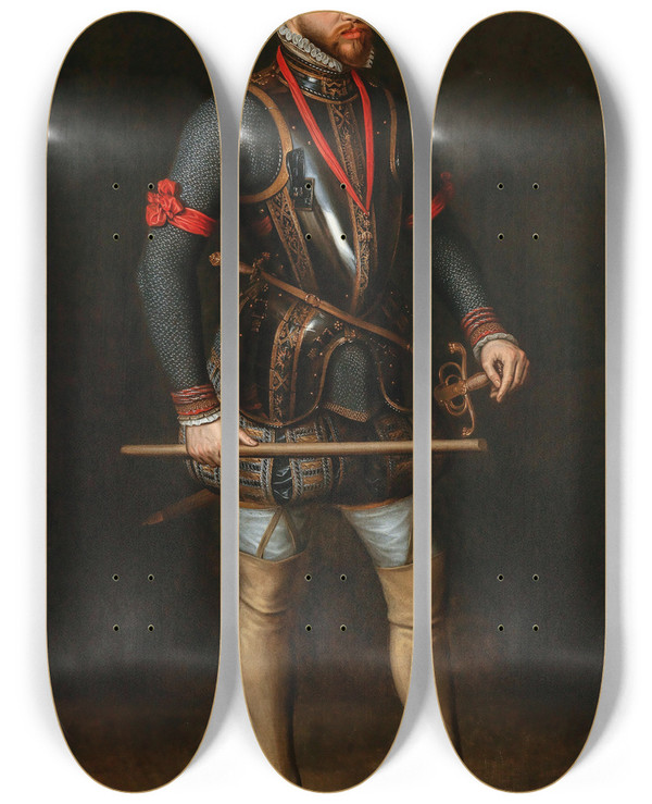 Triptych art skateboard deck of Habsburg Court Painter Portrait Of Philip Ii Of Spain 15271598 by Habsburg Court Painter