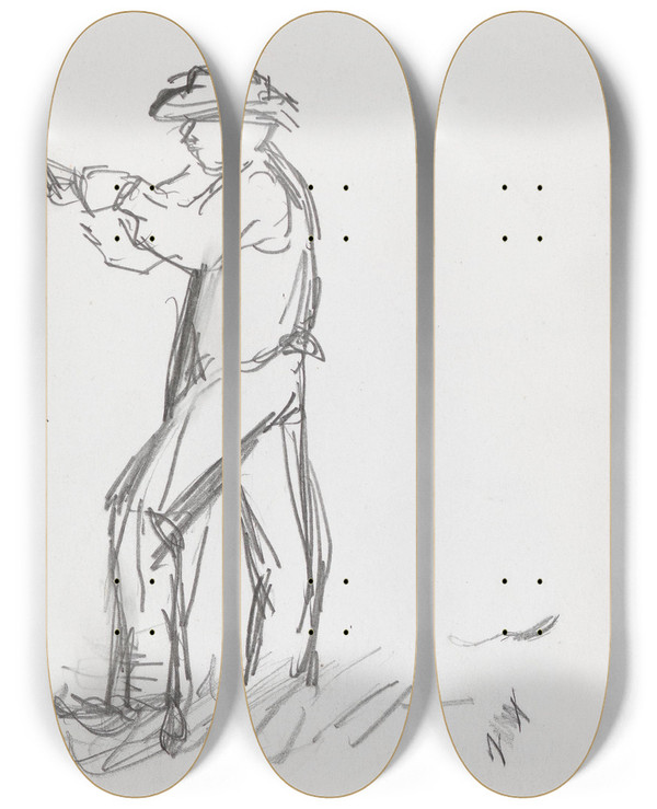 Triptych art skateboard deck of Ludvig Karsten Hode Mann Hvilende P Redskap by Ludvig Karsten (1876-1926)