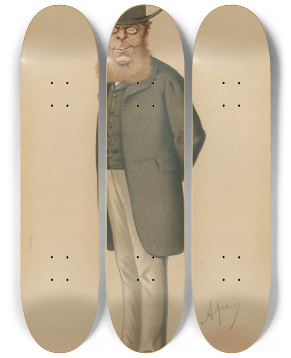 Triptych art skateboard deck of Carlo Pellegrini Politicians The New Man The Rt Hon Richard Assheton Cross May 16 1874 by Carlo Pellegrini (1839-1889)