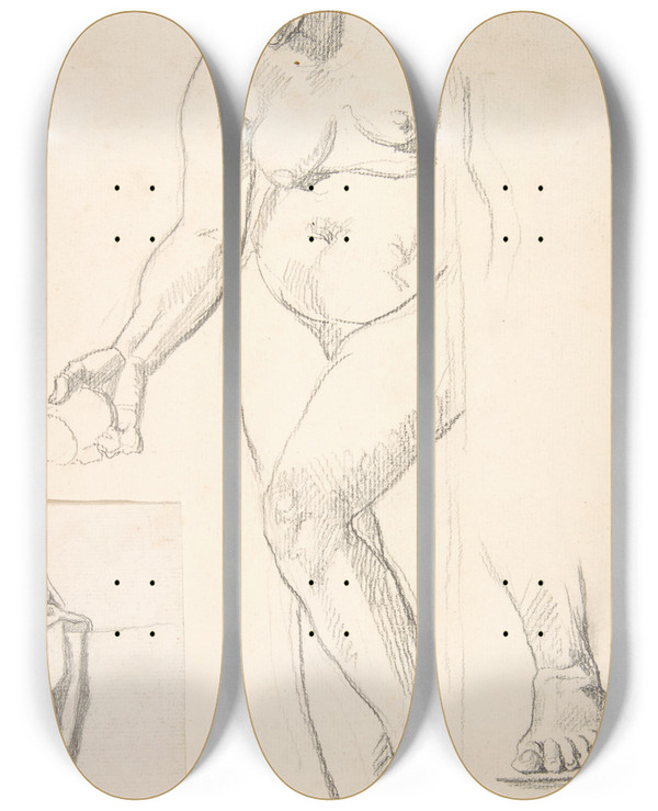 Triptych art skateboard deck of Henri Lehmann Standing Nude Female Figure by Henri Lehmann (1814-1882)