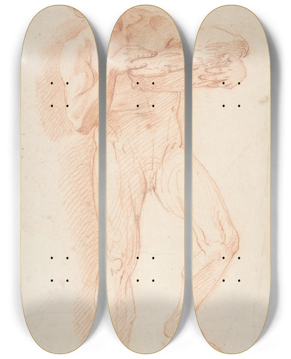 Triptych art skateboard deck of Corrado Giaquinto Study Of A Nude Man by Corrado Giaquinto (1703-1766)