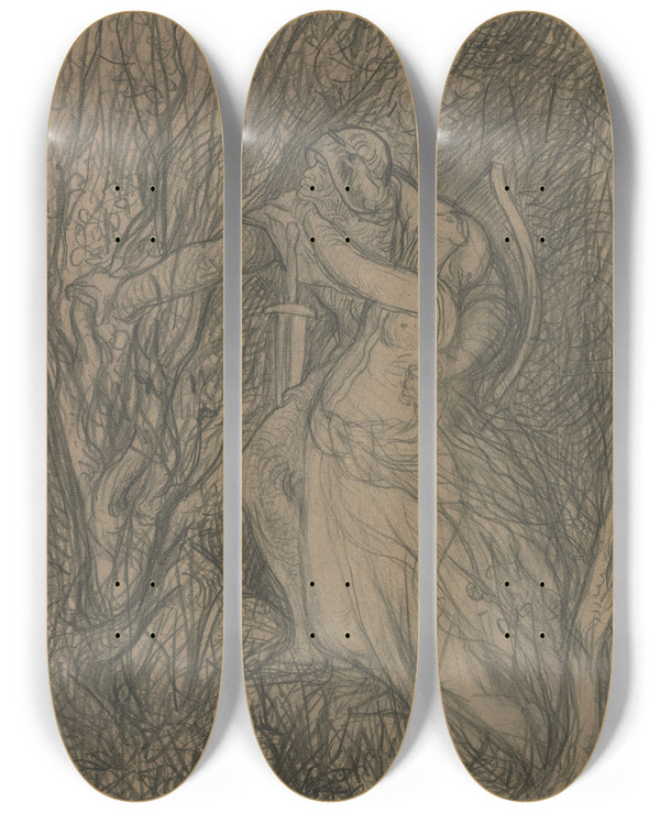 Triptych art skateboard deck of Victor Mller Ein Krieger Der Eine Frau Im Arme Hlt Im Walde by Victor Muller (1829-1871)