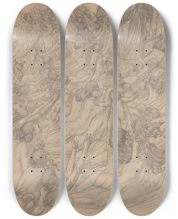 Triptych art skateboard deck of Carlos Schwabe Don Juan Aux Enfers by Carlos Schwabe (1866-1927)