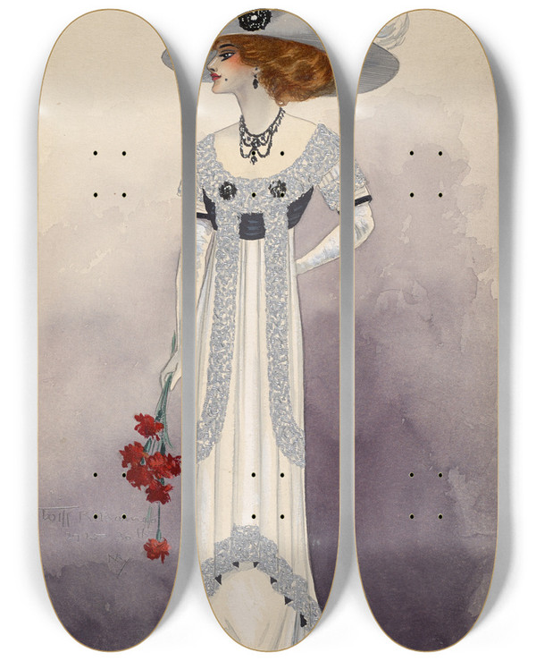 Triptych art skateboard deck of Will R Barnes D Showgirl by Will R Barnes (1939)