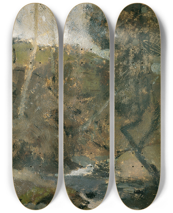 Triptych art skateboard deck of Emil Jakob Schindler Bach Im Wienerwald by Emil Jakob Schindler (1842-1892)