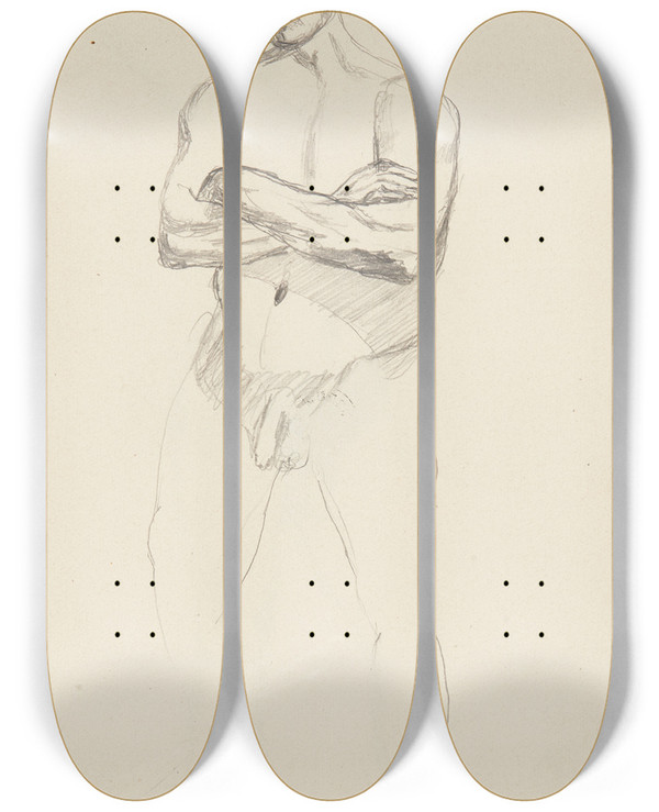 Triptych art skateboard deck of Adolf Sternschuss Akt Stojcego Mczyzny Z Zaoonymi Rkoma by Adolf Sternschuss (1873-1915)