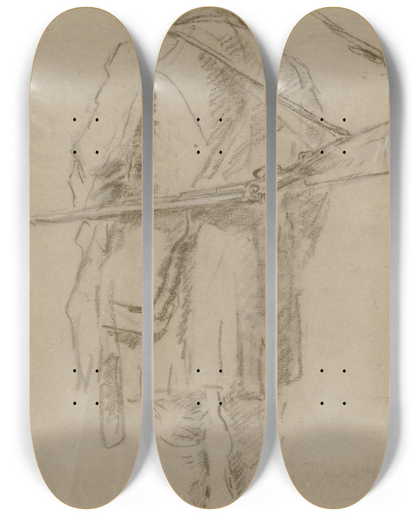 Triptych art skateboard deck of Anton Burger Jger Mit Flinte Und Jagdtasche by Anton Burger (1824-1905)