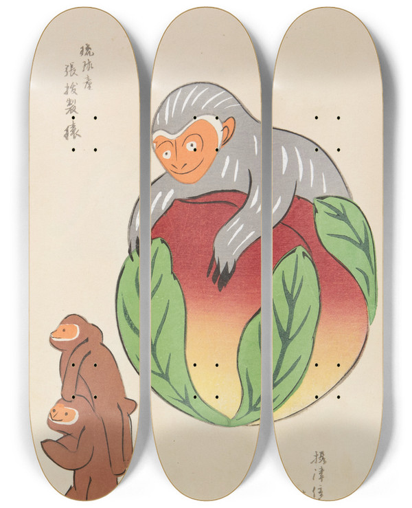 Triptych art skateboard deck of Shimizu Seif Unai No Tomo Pl 058 by Shimizu Seifu (1851-1913)