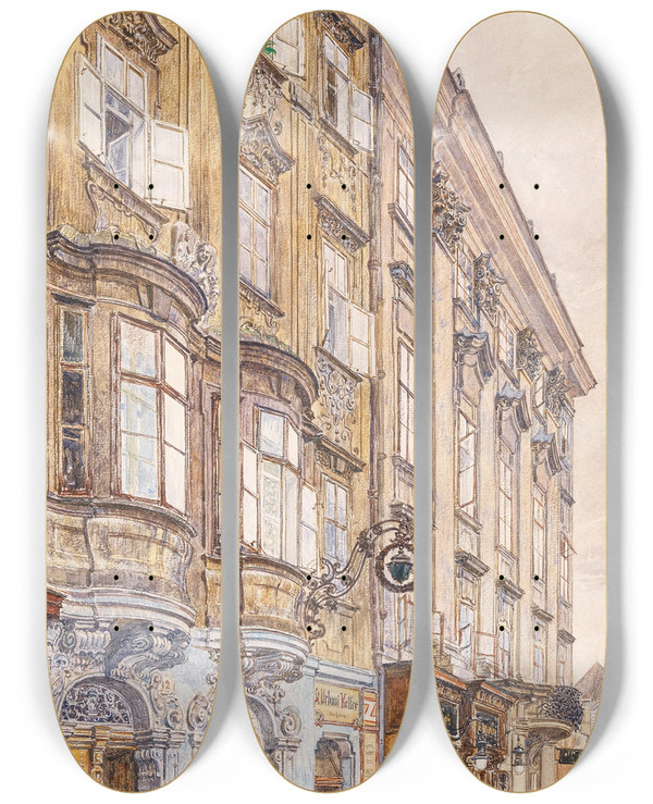 Triptych art skateboard deck of Carl Mller St Urbanikeller Am Hof by Carl Muller (1818-1893)
