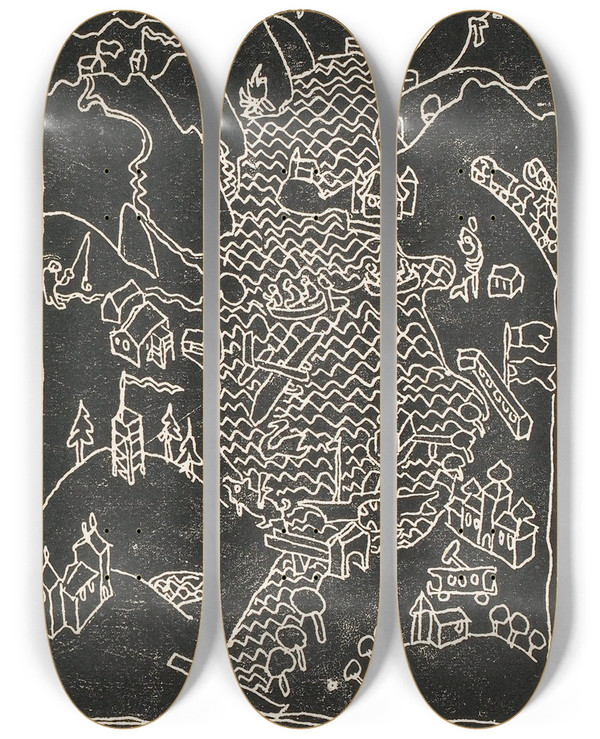 Triptych art skateboard deck of Reijer Stolk Kerstkaart Met Heuvellandschap En Meer by Reijer Stolk (1896-1945)