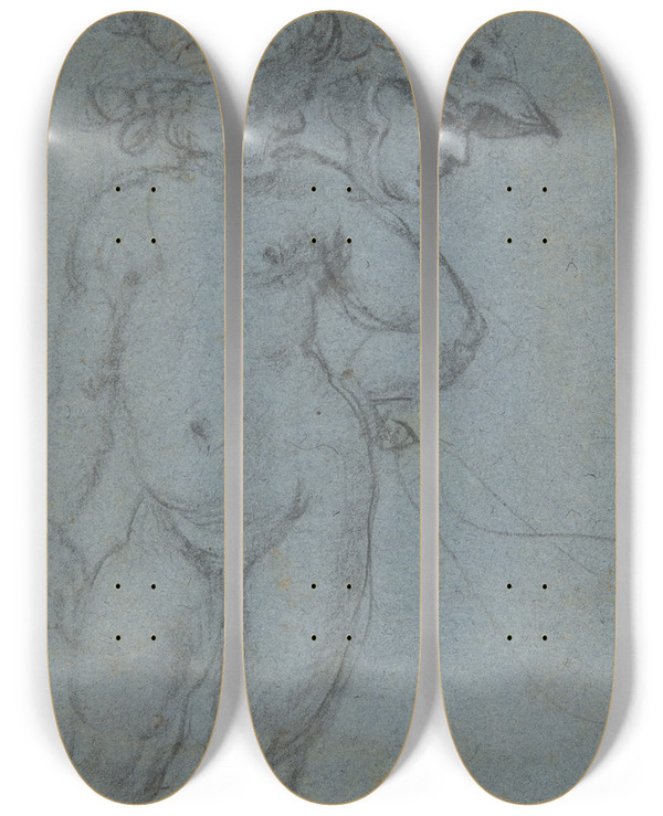 Triptych art skateboard deck of Domenico Gargiulo Standing Nude Putto And Study Of A Helmeted Head by Domenico Gargiulo (1609-1675)