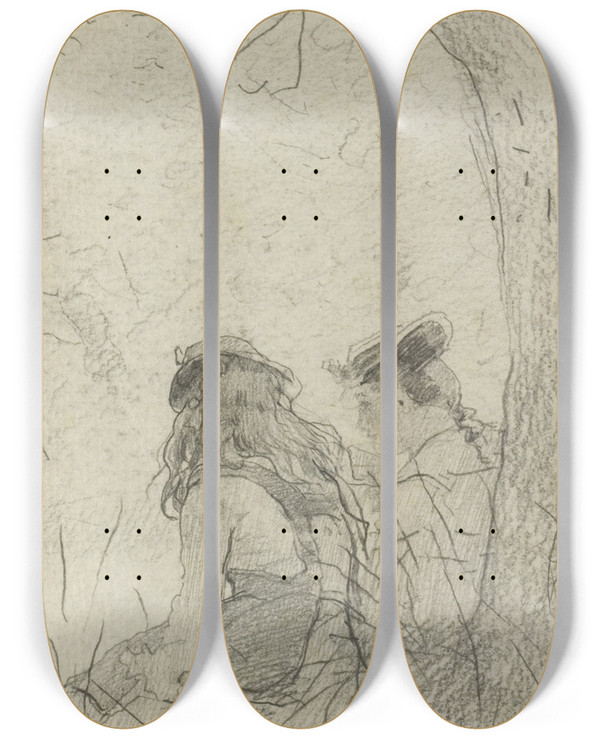 Triptych art skateboard deck of Winslow Homer Two Girls Seated On A Bank by Winslow Homer (1836-1910)