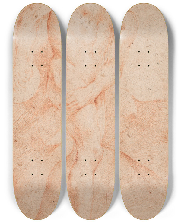 Triptych art skateboard deck of Hendrik Krock Mandlig Modelstudie Stende by Hendrik Krock (1671-1738)