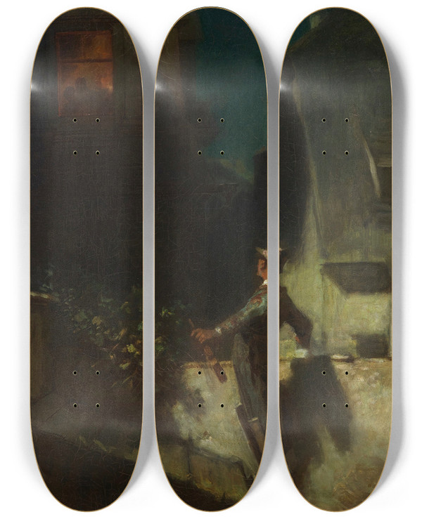 Triptych art skateboard deck of Carl Spitzweg Der Mondscheingeiger by Carl Spitzweg (1808-1880)