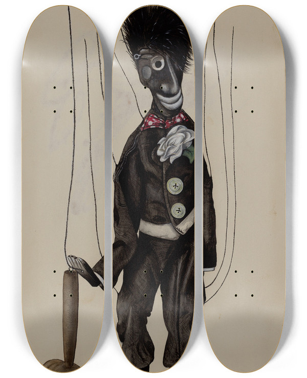 Triptych art skateboard deck of Elmer Weise Minstrel Marionette by Elmer Weise