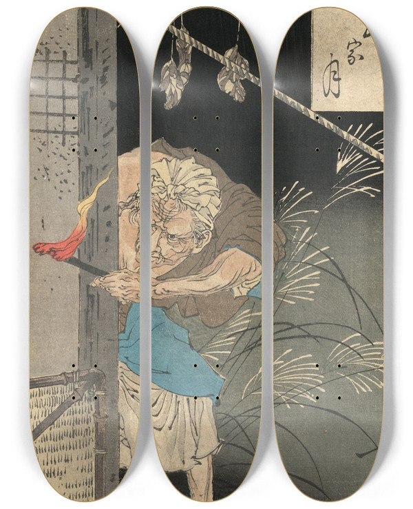 Triptych art skateboard deck of Tsukioka Yoshitoshi Hitotsuya No Tsuki_1 by Tsukioka Yoshitoshi (1839-1892)