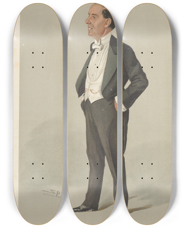 Triptych art skateboard deck of Leslie Matthew Ward Theatre The Duffer Mr Weedon Grossmith November 16 1905 by Leslie Matthew Ward (1851-1922)