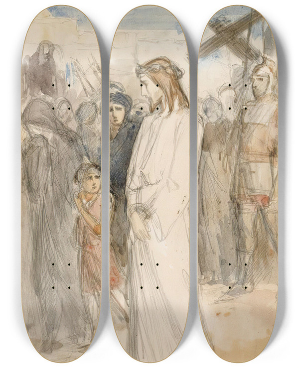 Triptych art skateboard deck of Albert Edelfelt Christ Is Taken To Calvary by Albert Edelfelt (1854-1905)