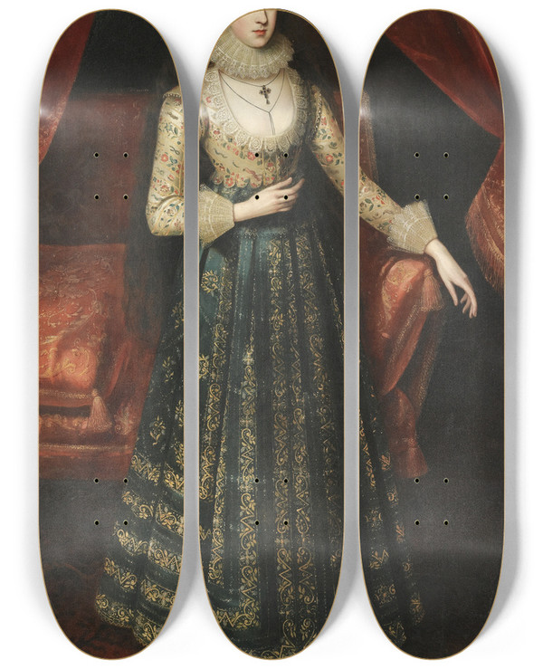 Triptych art skateboard deck of Robert Peake The Elder Portrait Of A Lady by Robert Peake The Elder (1546-1619)