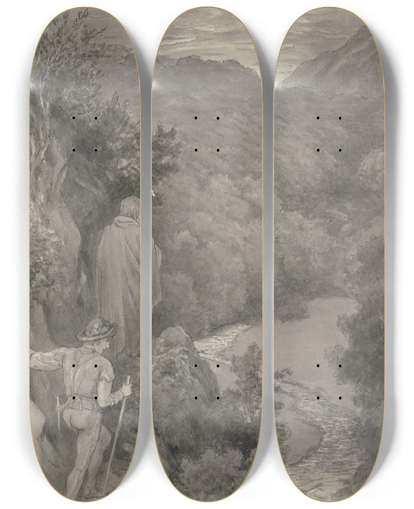 Triptych art skateboard deck of Wilhelm Steinhausen Brun Und Diether Auf Dem Heimweg by Wilhelm Steinhausen (1846-1924)