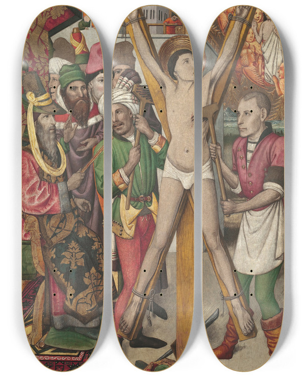 Triptych art skateboard deck of Jaume Huguet  Saint Vincent On The Rack by Jaume Huguet (1412-1492)