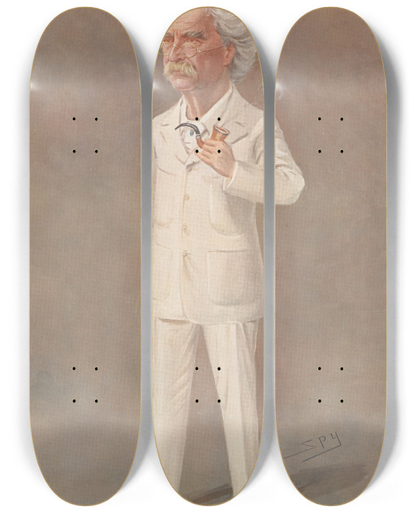 Triptych art skateboard deck of Leslie Matthew Ward Below The Mark Mark Twain by Leslie Matthew Ward (1851-1922)