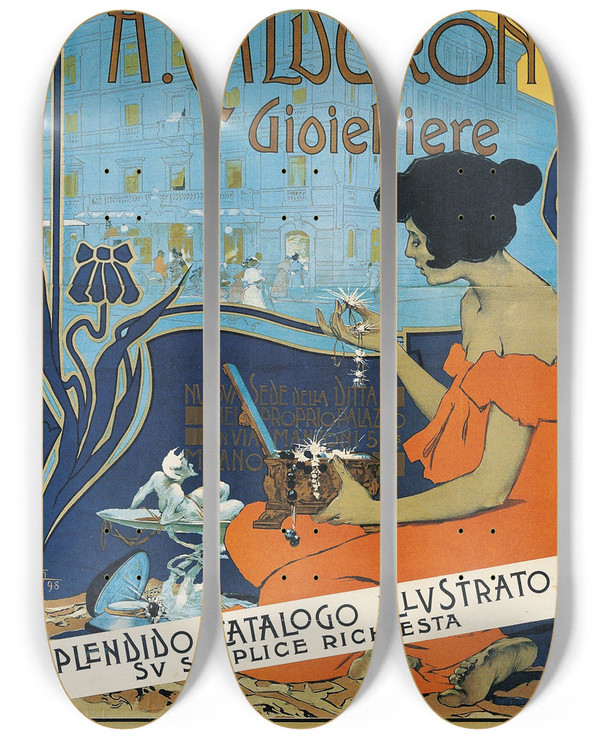 Triptych art skateboard deck of Adolfo Hohenstein A Calderoni Gioielliere by Adolfo Hohenstein (1854-1928)