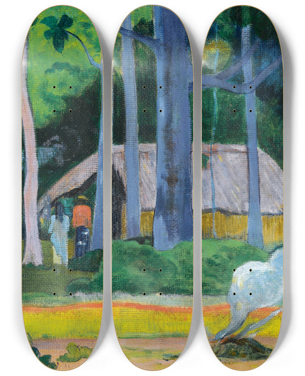 Triptych art skateboard deck of Paul Gauguin Cabane Sous Les Arbres_1 by Paul Gauguin (1848-1903)