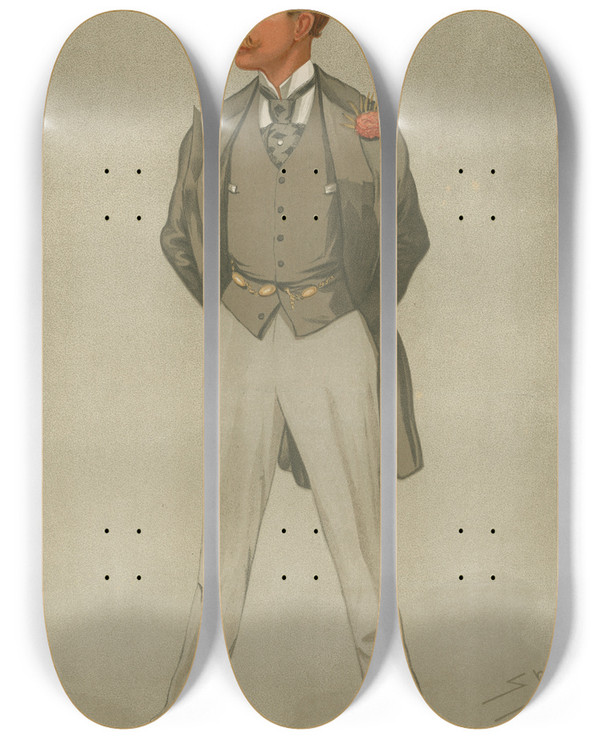 Triptych art skateboard deck of Leslie Matthew Ward Politcians Fighting Ulster Mr William Grey Ellisonmacartney October 5 1893 by Leslie Matthew Ward (1851-1922)