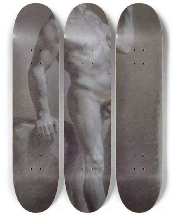 Triptych art skateboard deck of Pierrepaul Prudhon Study Of A Man by Pierre-Paul Prud'hon (1758-1823)