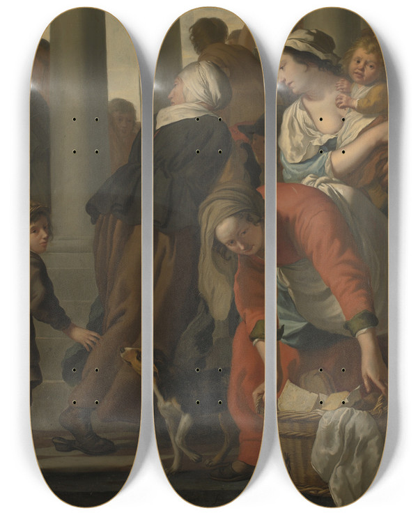 Triptych art skateboard deck of Jan Gerritsz Van Bronckhorst Food Distribution by Jan Gerritsz Van Bronckhorst (1603-1661)