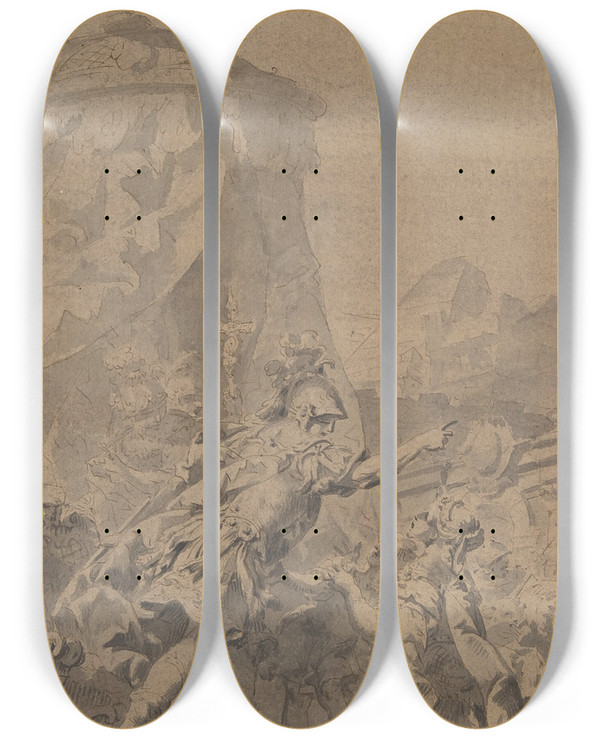 Triptych art skateboard deck of Sebastiano Galeotti Hectors Farewell To Andromache And Astyanax by Sebastiano Galeotti (1656-1746)