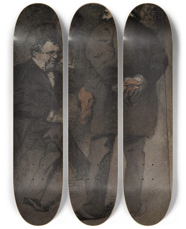 Triptych art skateboard deck of Henry Bonaventure Monnier A Conversation by Henry Bonaventure Monnier (1805-1877)