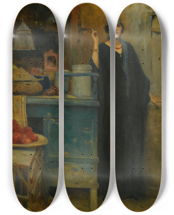 Triptych art skateboard deck of Charles Wilda Girl By A Market Stall by Charles Wilda (1854-1907)