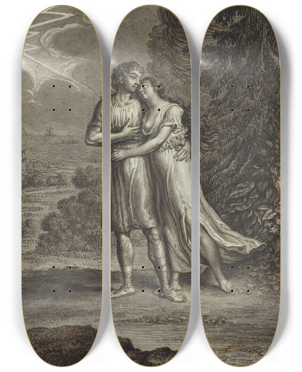 Triptych art skateboard deck of Daniel Nikolaus Chodowiecki Lovers In A Thunderstorm by Daniel Nikolaus Chodowiecki (1726-1801)