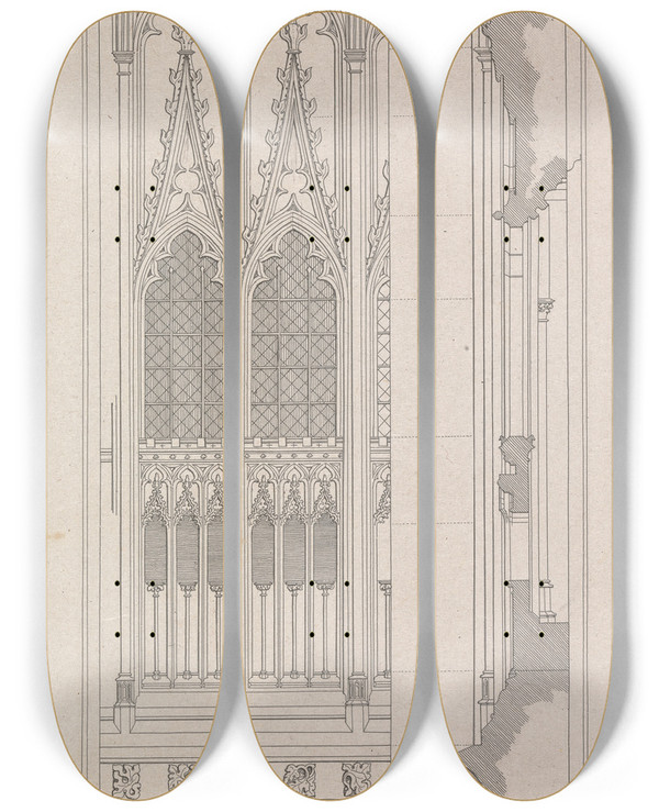 Triptych art skateboard deck of Robert William Billings Elevation Section And Plan Of One Compartment Of Three Of The Screen St Stephens Chapel Westminster by Robert William Billings (1812-1874)