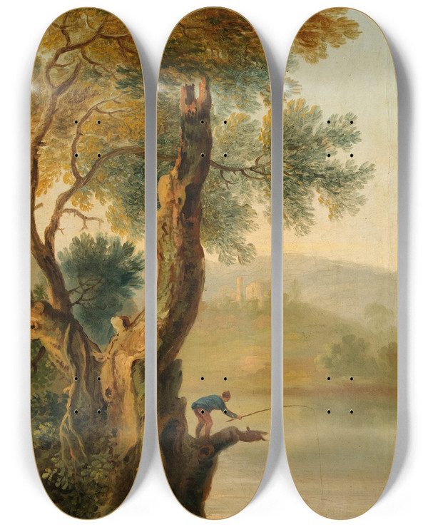 Triptych art skateboard deck of George Barret A Landscape With A Man Fishing by George Barret (1767-1842)