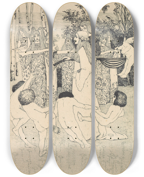 Triptych art skateboard deck of Heinrich Vogeler Minnetraum by Heinrich Vogeler (1872-1942)