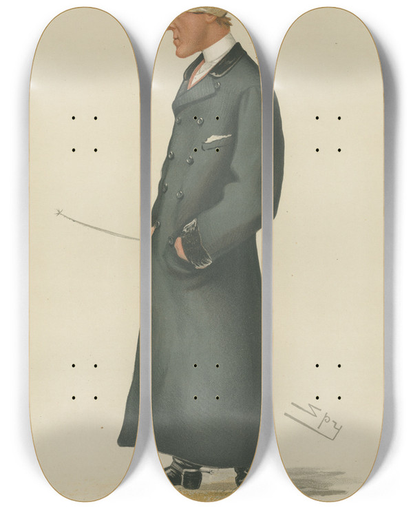 Triptych art skateboard deck of Leslie Matthew Ward Jockeys The Baby Mr Arthur Coventry February 23 1884 by Leslie Matthew Ward (1851-1922)
