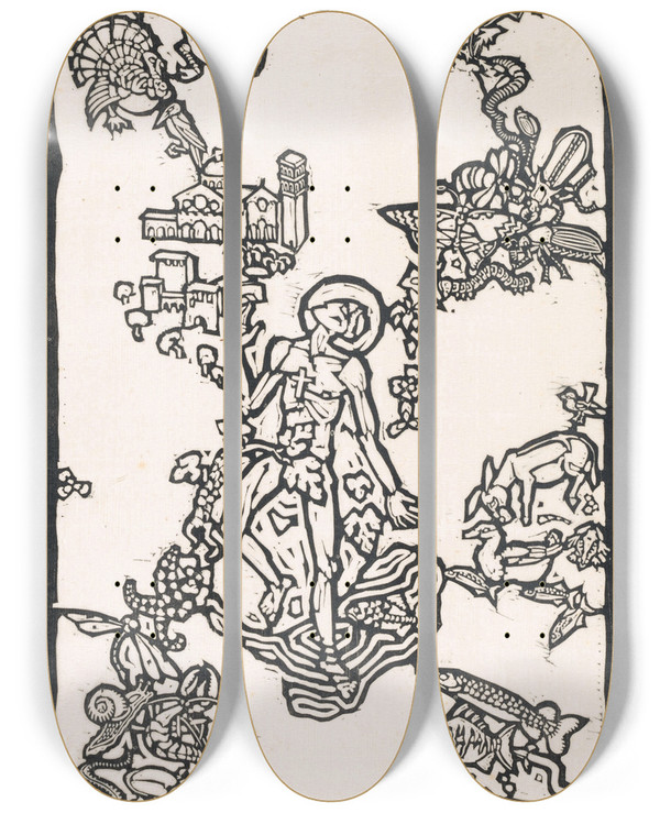 Triptych art skateboard deck of Reijer Stolk Sint Franciscus Van Assisi Staand In Het Water Omringd Door Dieren by Reijer Stolk (1896-1945)