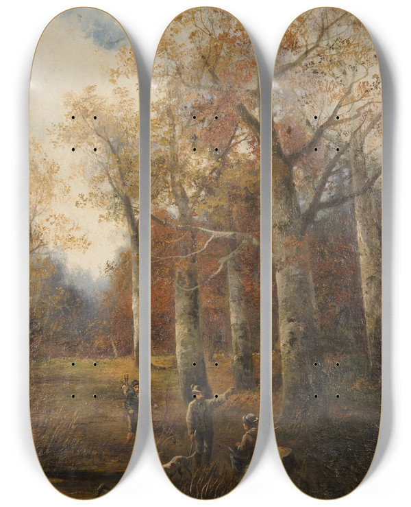 Triptych art skateboard deck of Ludvk Bartk Autumn Landscape With Hunters by Ludvik Bartak (1857-1921)